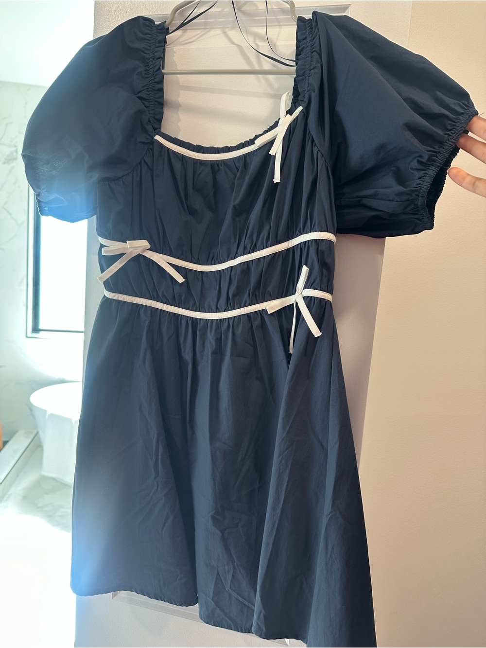 Navy Puff-Sleeve Mini Dress with White Trim - Picture 2 of 3